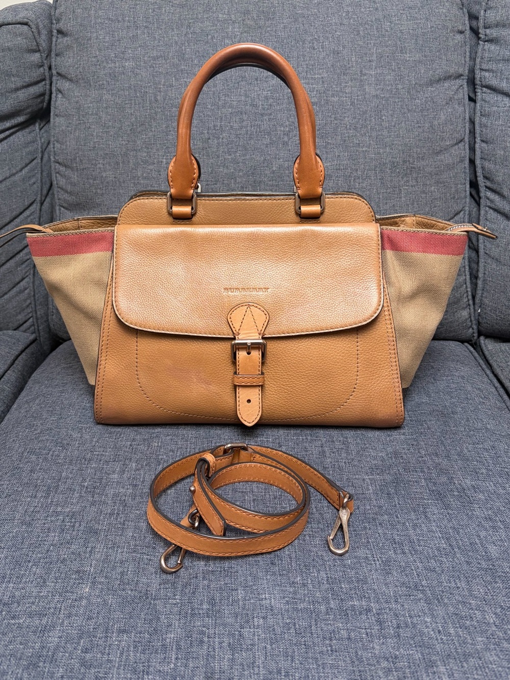 Tan Leather Satchel with Canvas Sides and Red Trim - Detachable Strap